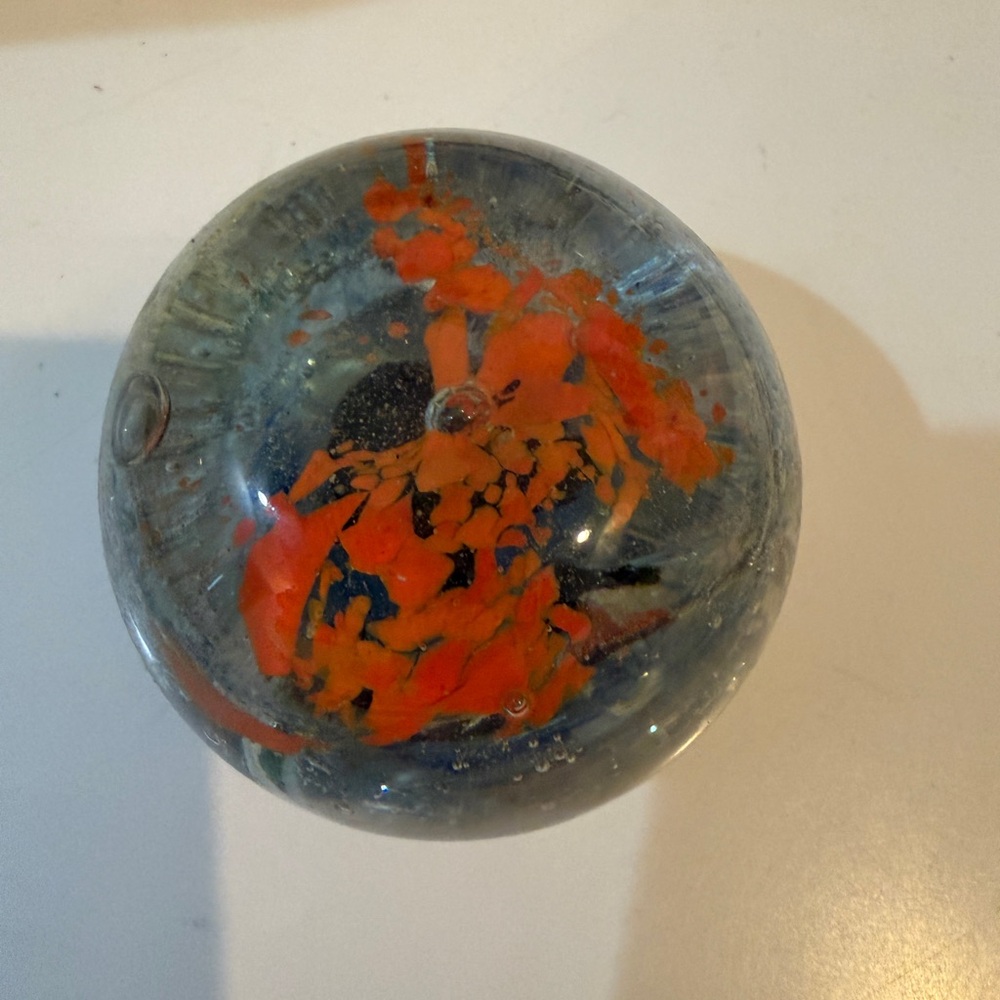 Handblown Glass Art Paperweight in Orange and black